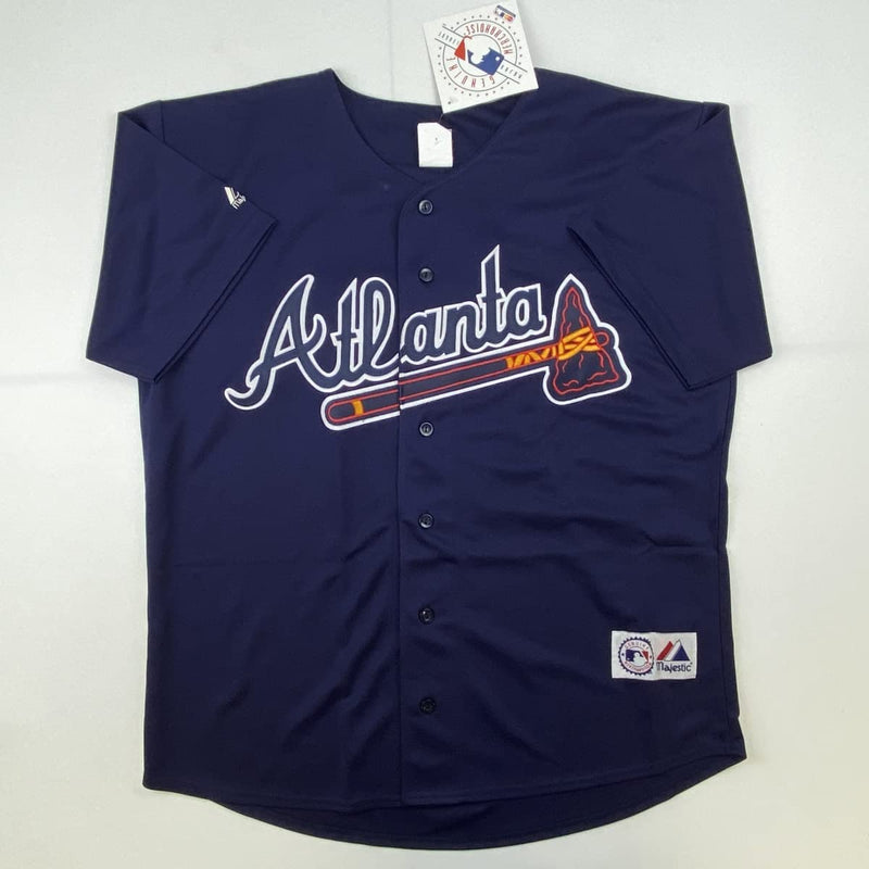 Autographed/Signed Ozzie Albies Atlanta Braves Blue Majestic Baseball Jersey Beckett BAS COA