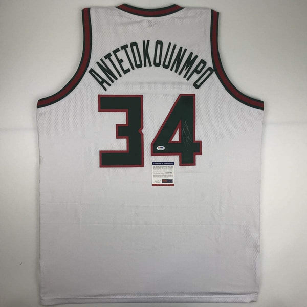 Autographed/Signed Giannis Antetokounmpo Milwaukee Retro White Basketball Jersey PSA/DNA COA