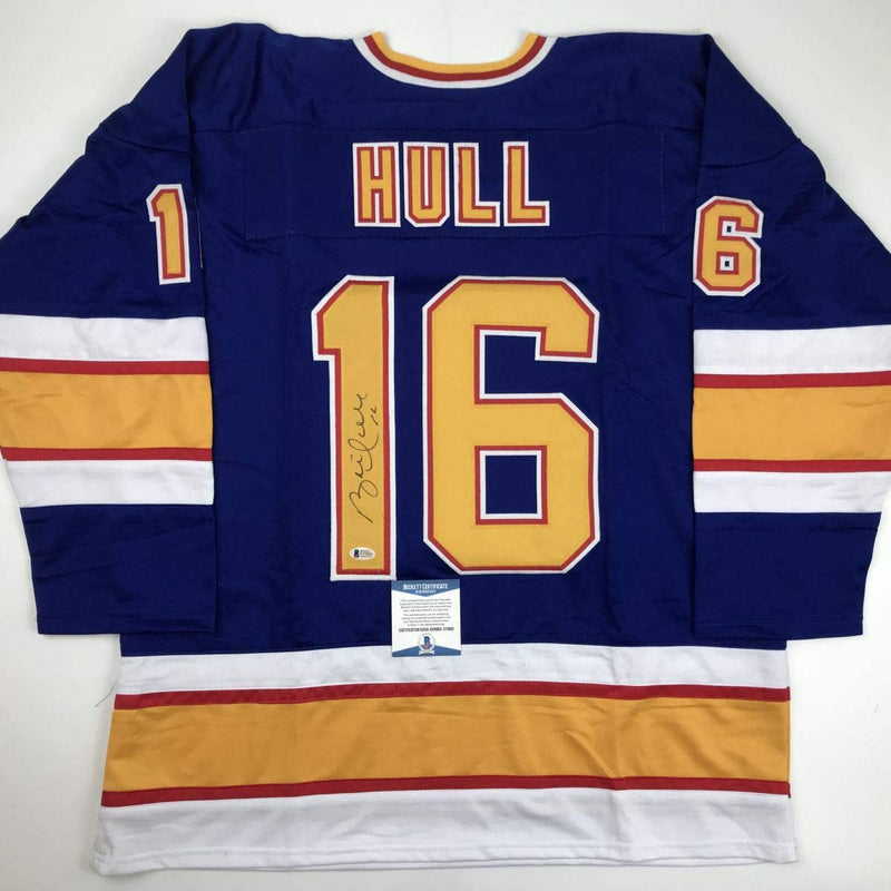 Autographed/Signed Brett Hull St. Louis Blue Hockey Jersey Beckett BAS COA