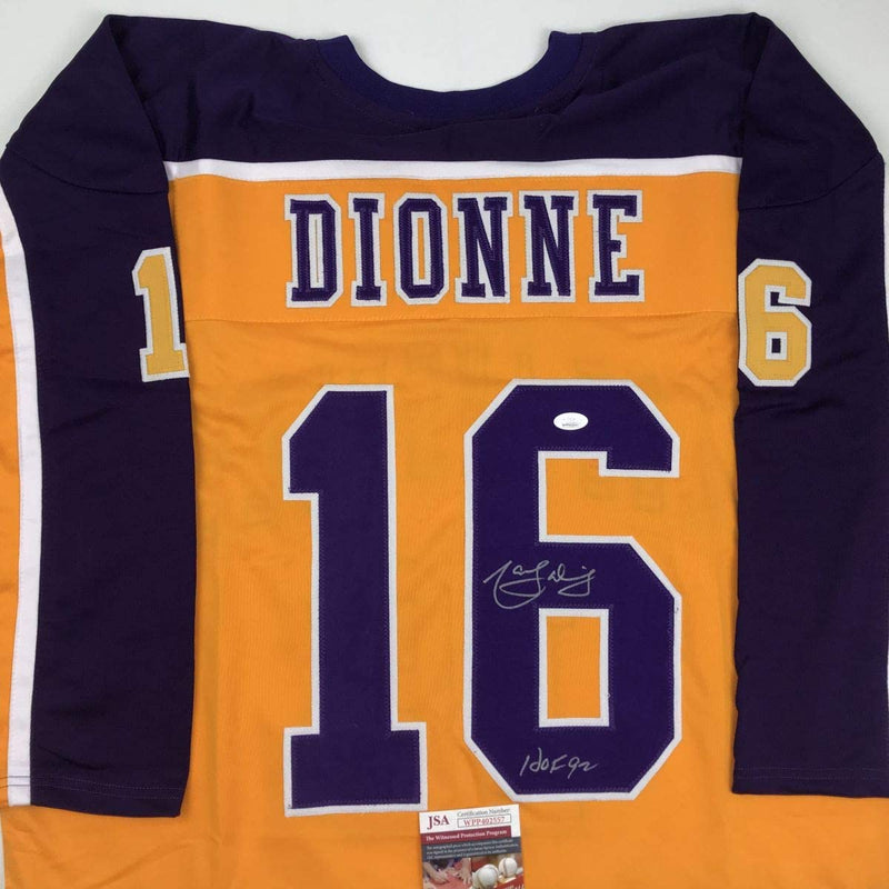 Autographed/Signed Marcel Dionne HOF 92 Los Angeles LA Yellow Hockey Jersey JSA COA