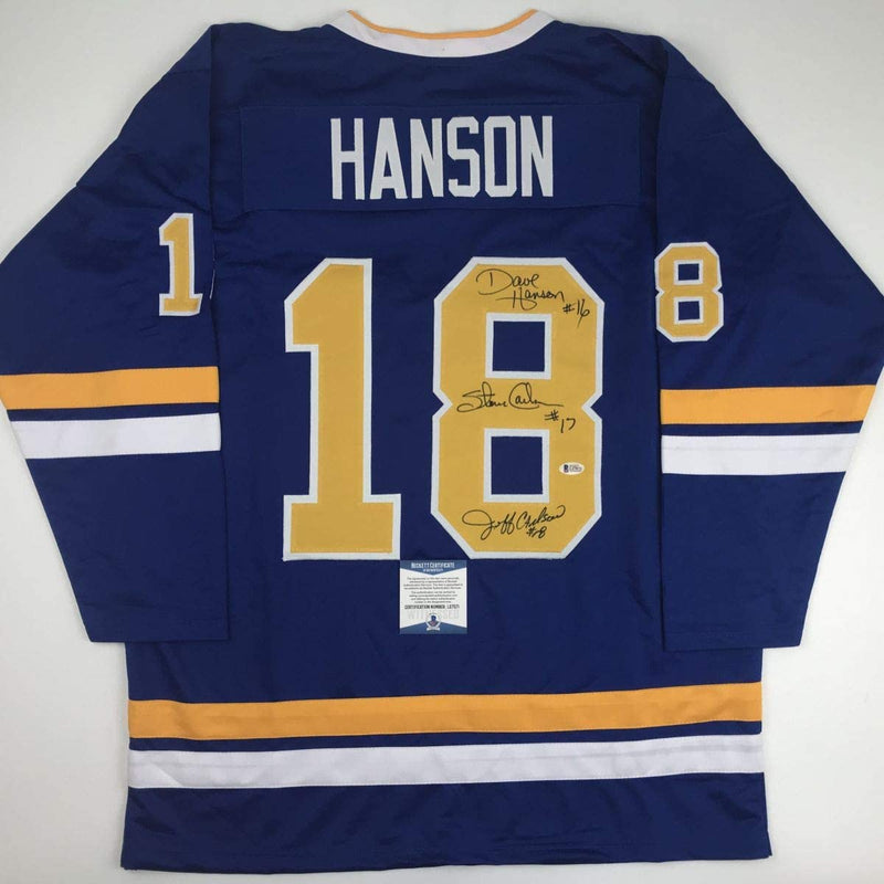 Autographed/Signed Hanson Brothers Chiefs Slap Shot Movie #18 Blue Hockey Jersey Beckett BAS COA