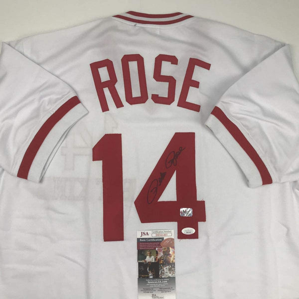 Autographed/Signed Pete Rose Cincinnati White Hit King Baseball Jersey JSA COA