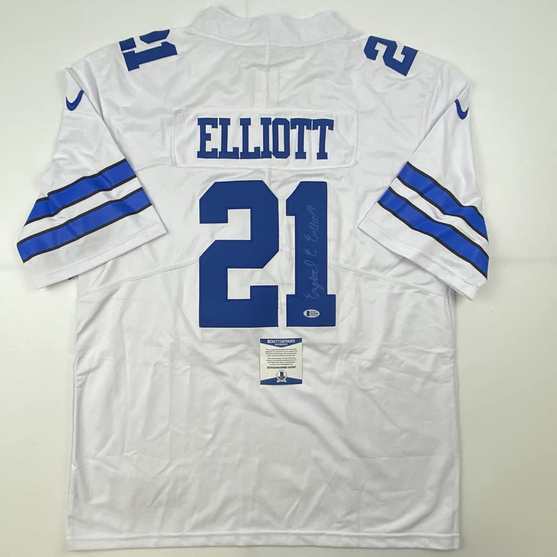 Autographed/Signed Ezekiel Elliott Dallas White Football Jersey Beckett BAS COA #2