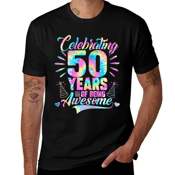 Celebrating 50 Year Of Being Awesome With Tie-dye Graphic  Fade-proof Color T-Shirt