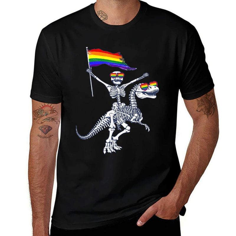 LGBT Skeleton Riding T-Rex Dinosaur Gay Pride Month  Oversized Silhouette T-Shirt