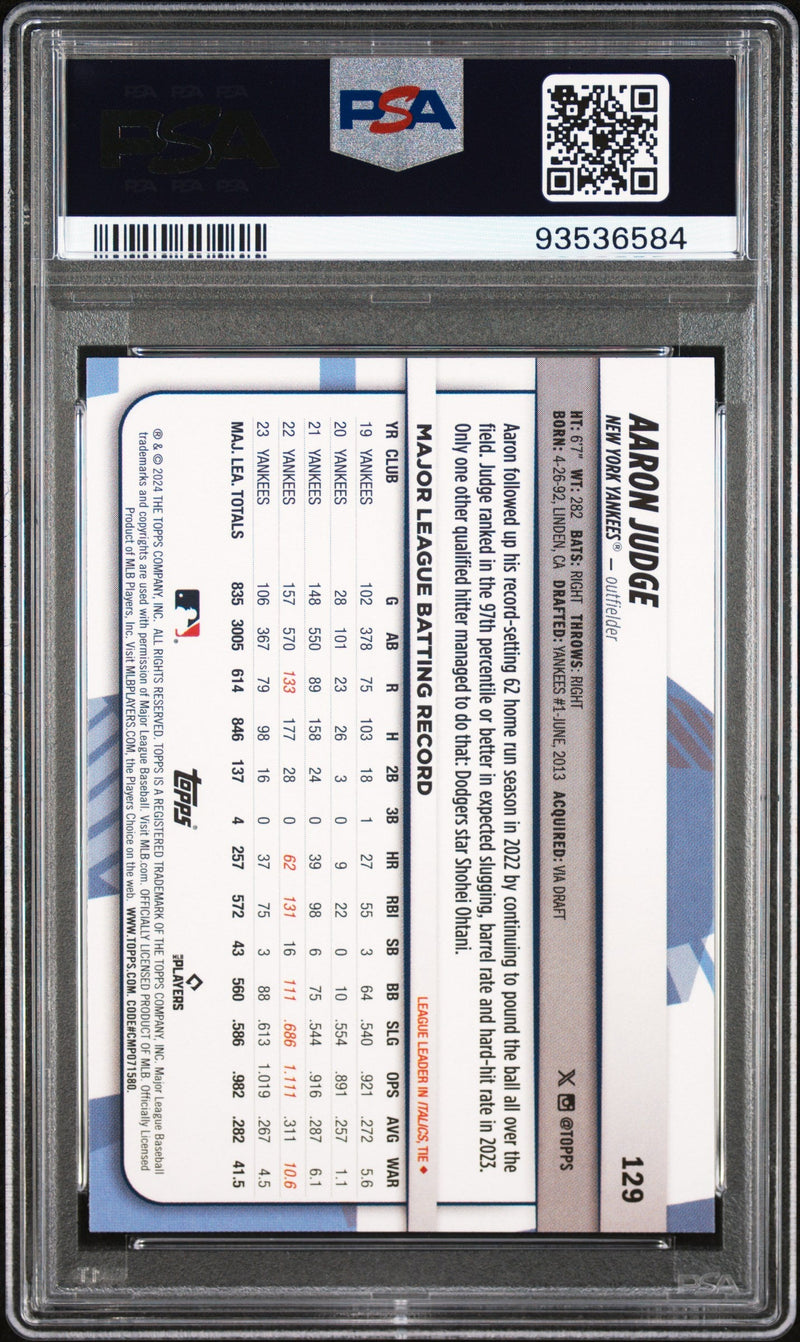 Graded 2024 Topps Big League Aaron Judge #129 Baseball Card PSA 10 Gem Mint