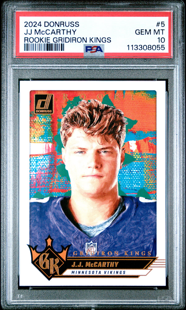 Graded 2024 Panini Donruss JJ McCarthy #5 Rookie Gridiron Kings Rookie RC Football Card PSA 10 Gem Mint