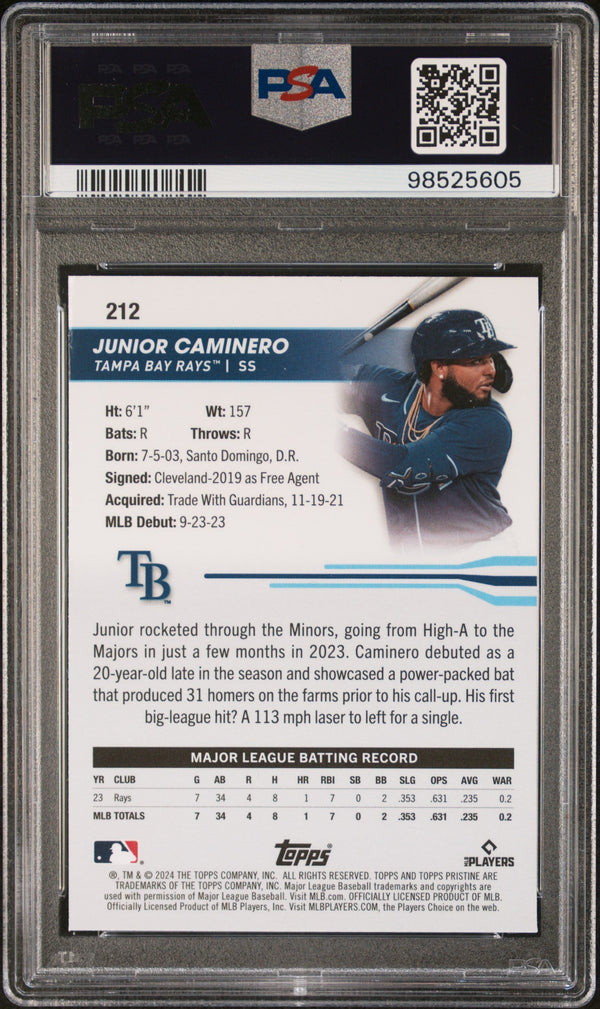 Graded 2024 Topps Pristine Junior Caminero #212 Rookie RC Baseball Card PSA 10 Gem Mint
