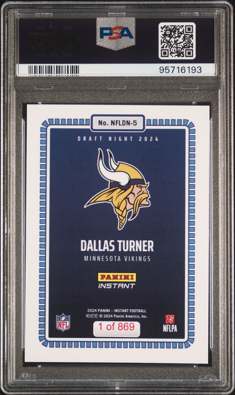 Graded 2024 Panini Instant NFL Dallas Turner #5 Draft Night Rookie RC Football Card PSA 8 Near Mint