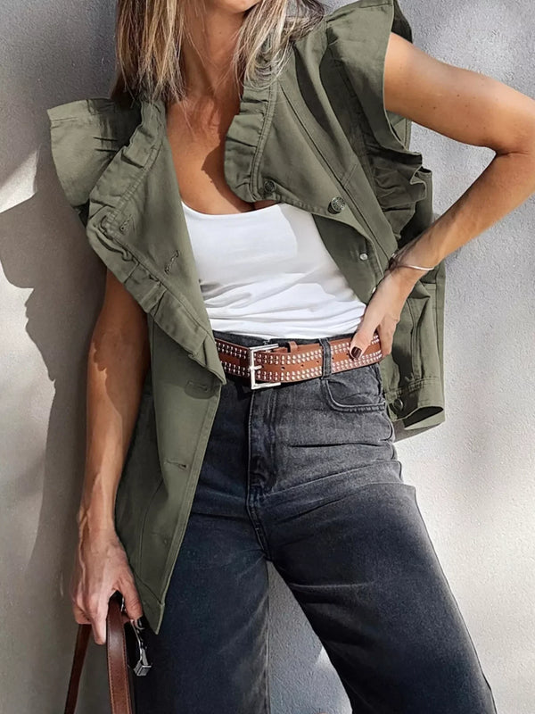 Ruffled Patchwork Denim Jacket Vest