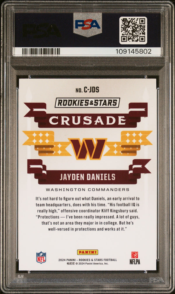 Graded 2024 Panini Rookies & Stars Jayden Daniels #CJDS Crusade Longevity Rookie RC Football Card PSA 10 Gem Mint