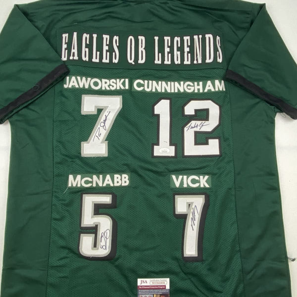 Autographed/Signed Eagles QB Legends McNabb Cunningham Vick Jaworski Philadelphia Green Football Jersey JSA COA
