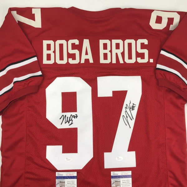 Autographed/Signed Nick & Joey Bosa Brothers Ohio State Red College Football Jersey JSA COA