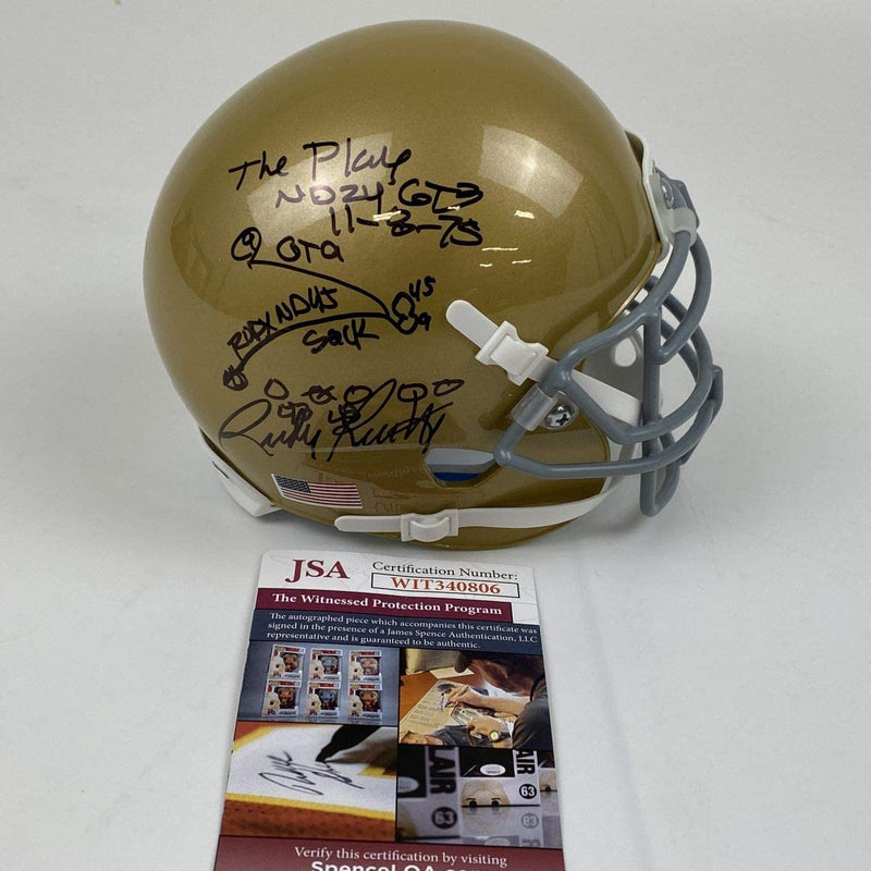 Autographed/Signed Rudy Ruettiger Inscribed Hand Drawn Play Notre Dame Irish Football Mini Helmet JSA COA