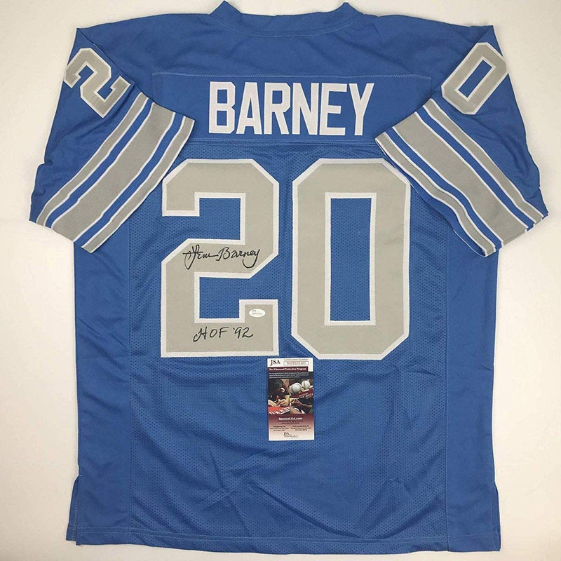 Autographed/Signed Lem Barney HOF 92 Detroit Blue Football Jersey JSA COA