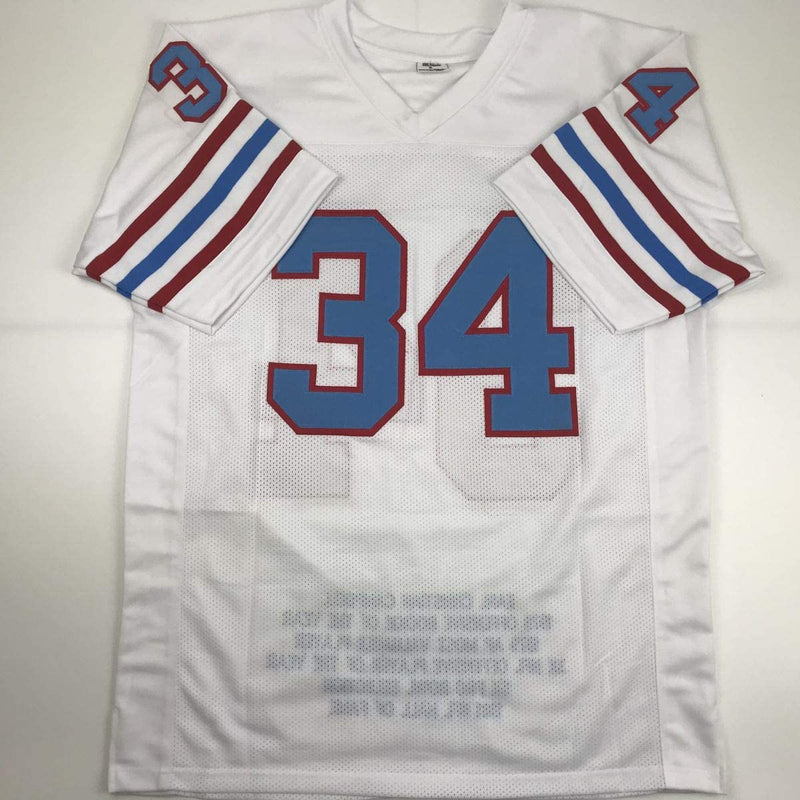 Autographed/Signed Earl Campbell HOF 91 Houston White Stat Football Jersey JSA COA