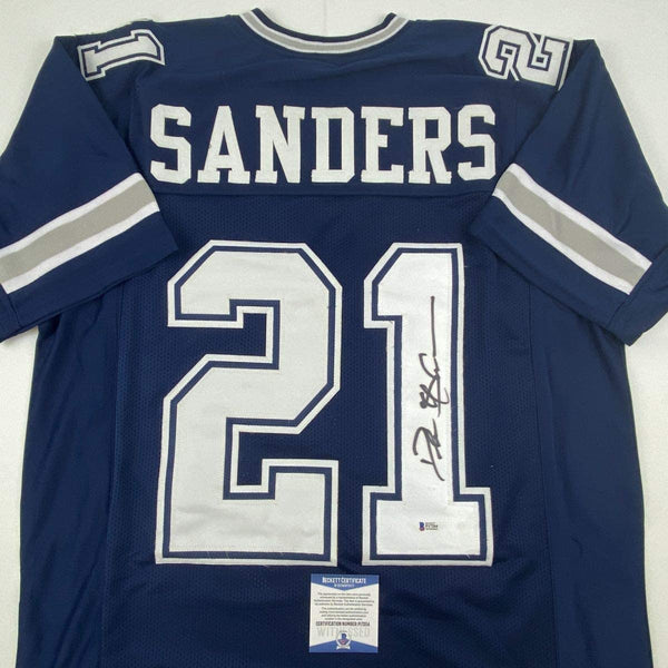 Autographed/Signed Deion Sanders Dallas Blue Football Jersey Beckett BAS COA