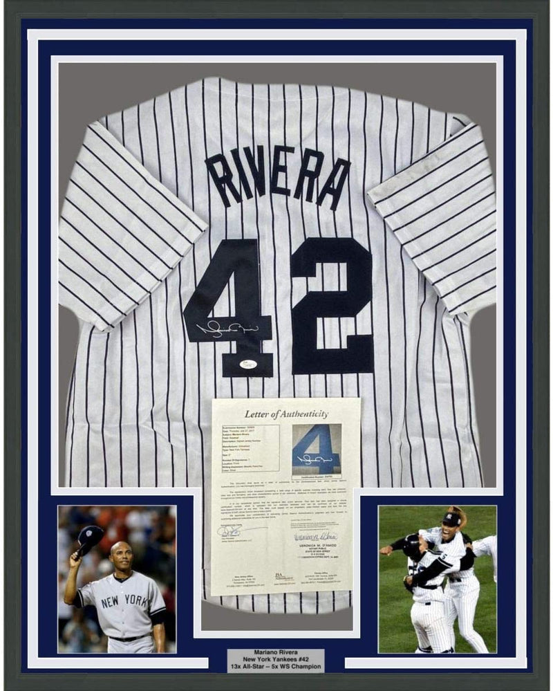 Framed Autographed/Signed Mariano Rivera 35x39 New York Pinstripe Baseball Jersey JSA COA/LOA