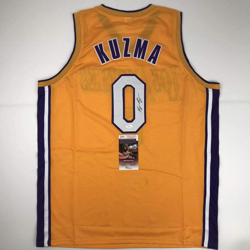 Autographed/Signed Kyle Kuzma Los Angeles LA Yellow Basketball Jersey JSA COA