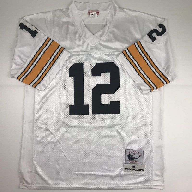 Autographed/Signed Terry Bradshaw Pittsburgh White Football Jersey Beckett BAS COA