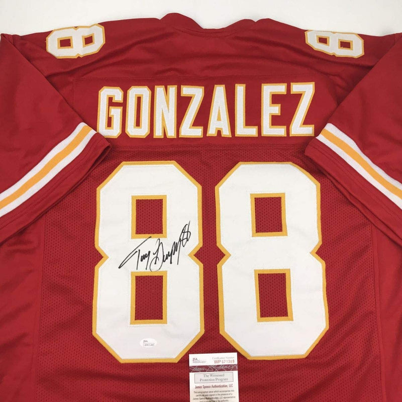 Autographed/Signed Tony Gonzalez Kansas City Red Football Jersey JSA COA