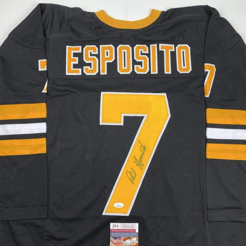 Autographed/Signed Phil Esposito Boston Black Hockey Jersey JSA COA
