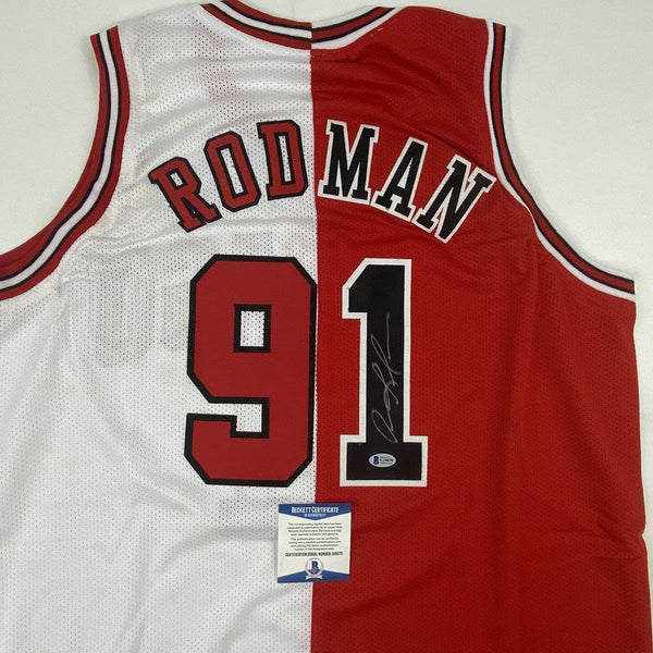 Autographed/Signed Dennis Rodman Chicago Split Basketball Jersey Beckett BAS COA