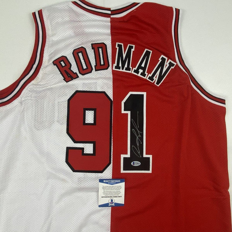 Autographed/Signed Dennis Rodman Chicago Split Basketball Jersey Beckett BAS COA