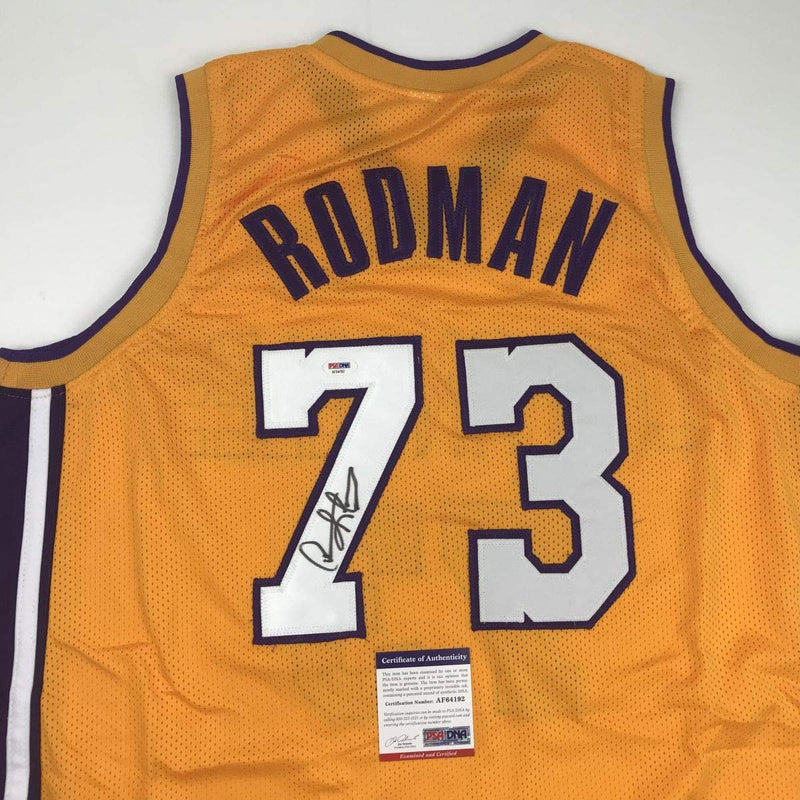 Autographed/Signed Dennis Rodman Los Angeles LA Yellow Basketball Jersey PSA/DNA COA