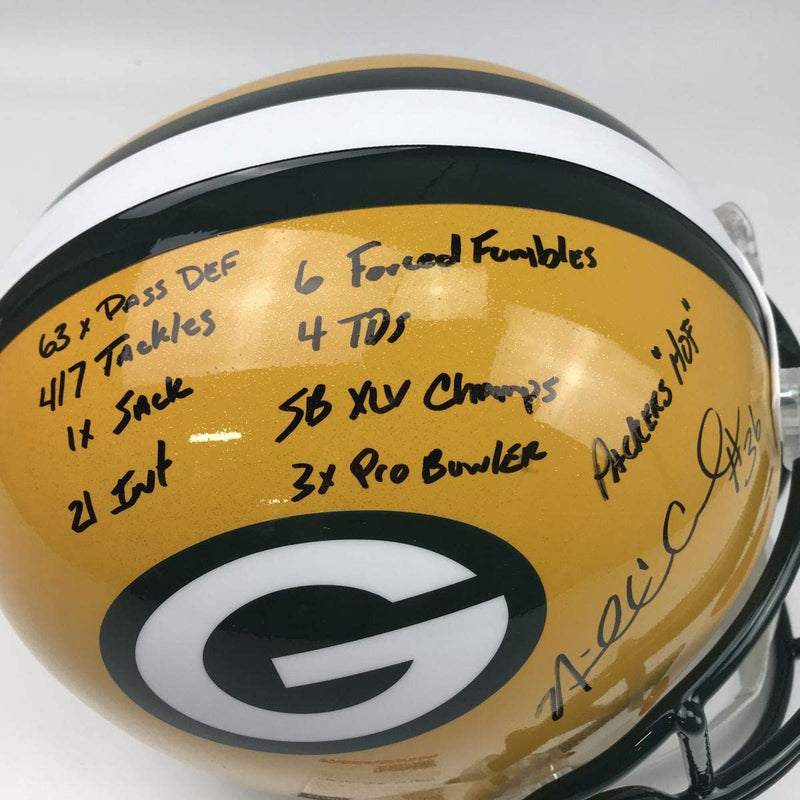 Autographed/Signed Nick Collins Green Bay Packers Yellow Stat Full Size FS F/S Replica Football Helmet PSA/DNA COA