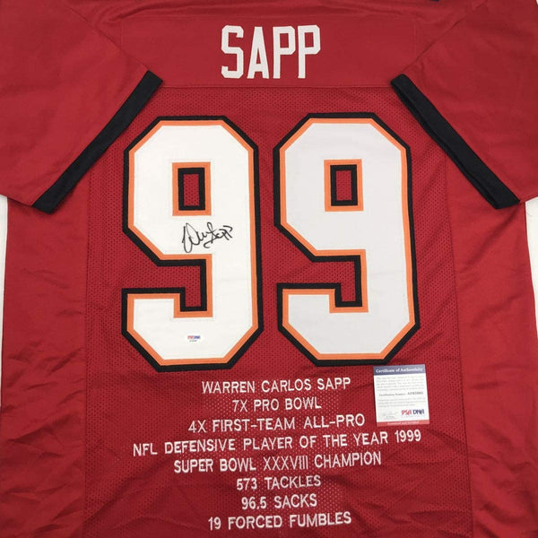 Autographed/Signed Warren Sapp Tampa Bay Red Stat Football Jersey PSA/DNA COA