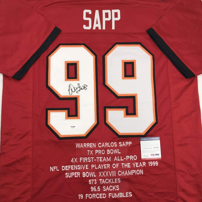 Autographed/Signed Warren Sapp Tampa Bay Red Stat Football Jersey PSA/DNA COA