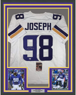 Framed Autographed/Signed Linval Joseph 35x39 Minnesota White Football Jersey JSA COA