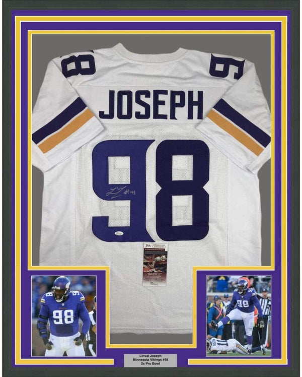 Framed Autographed/Signed Linval Joseph 35x39 Minnesota White Football Jersey JSA COA