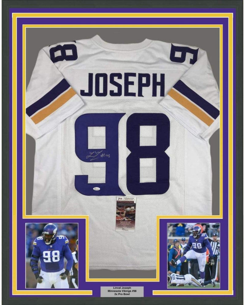 Framed Autographed/Signed Linval Joseph 35x39 Minnesota White Football Jersey JSA COA