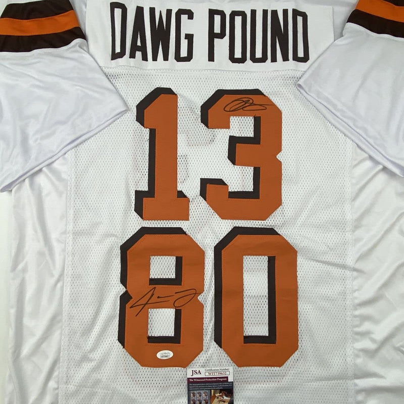 Autographed/Signed Odell Beckham Jr. & Jarvis Landry Cleveland White Football Jersey JSA COA