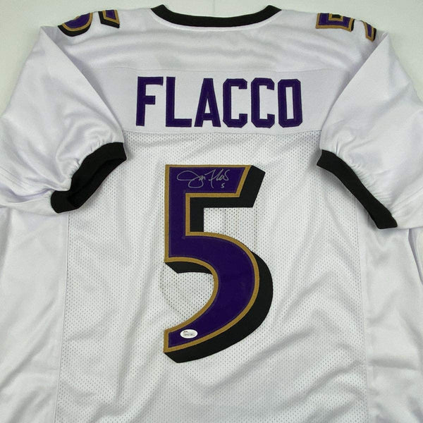 Autographed/Signed Joe Flacco Baltimore White Football Jersey JSA COA