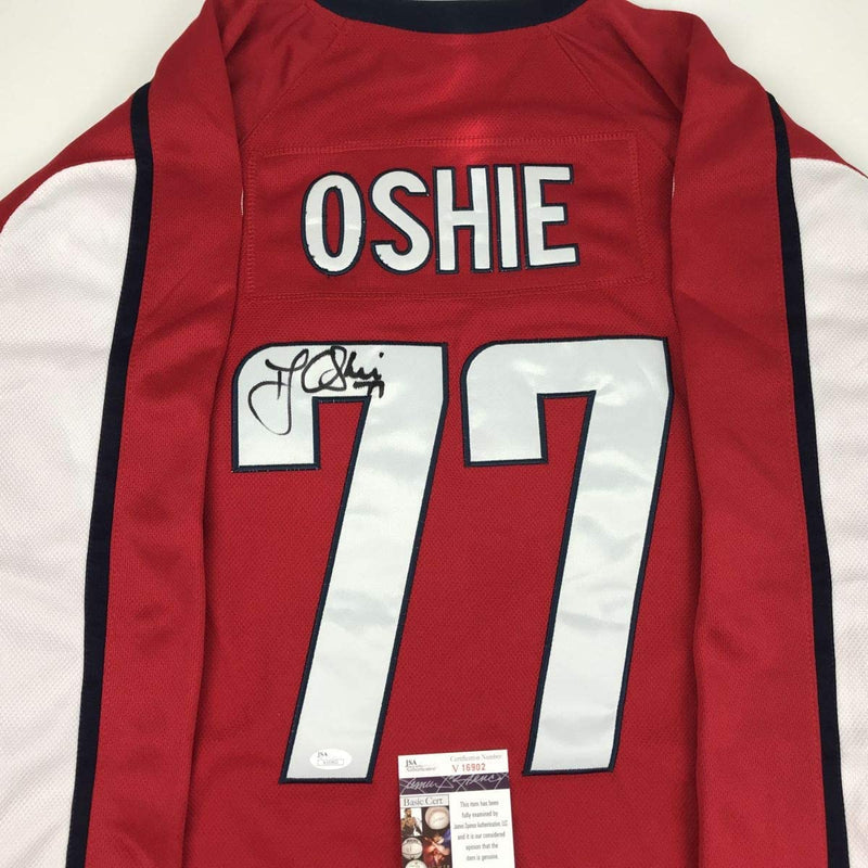 Autographed/Signed TJ T.J. Oshie Washington Red Hockey Jersey JSA COA