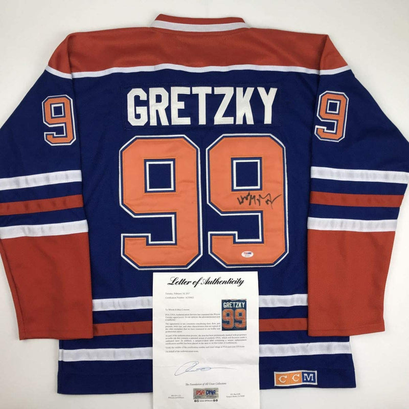 Autographed/Signed Wayne Gretzky Edmonton Blue Hockey Jersey PSA/DNA COA/LOA