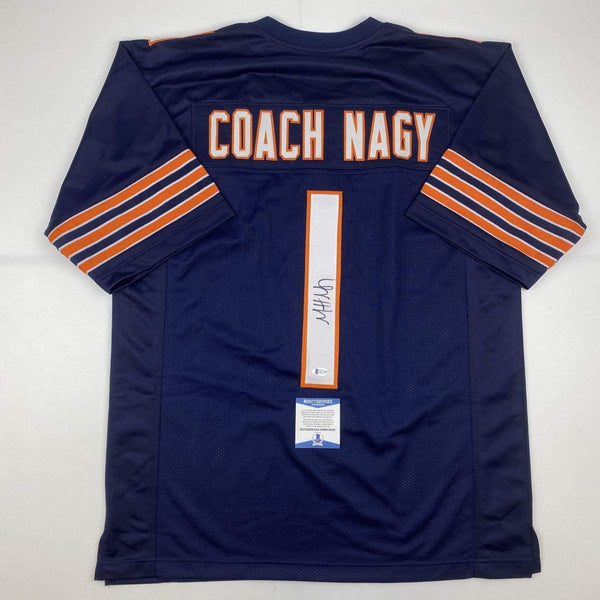 Autographed/Signed Matt Nagy Coach Chicago Blue Football Jersey Beckett BAS COA