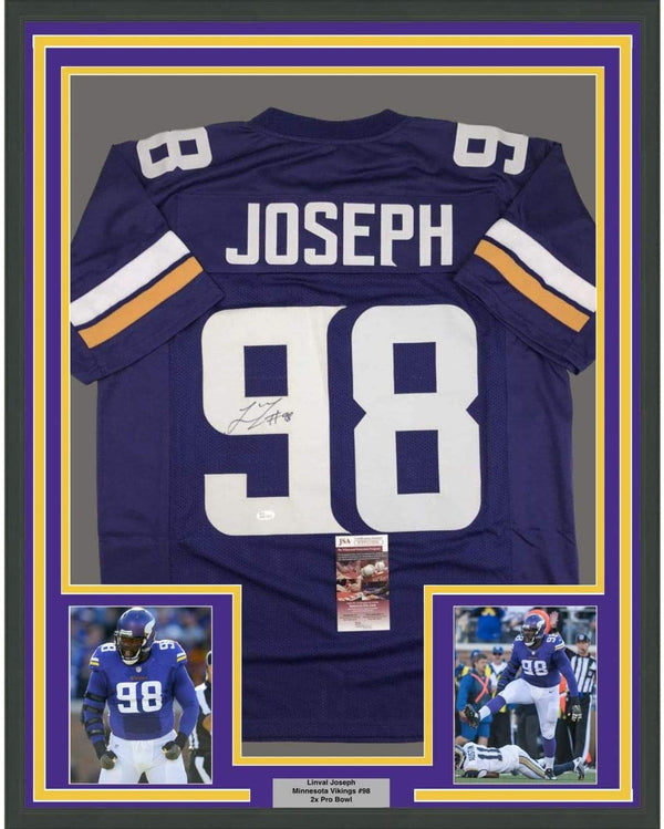 Framed Autographed/Signed Linval Joseph 35x39 Minnesota Purple Football Jersey JSA COA