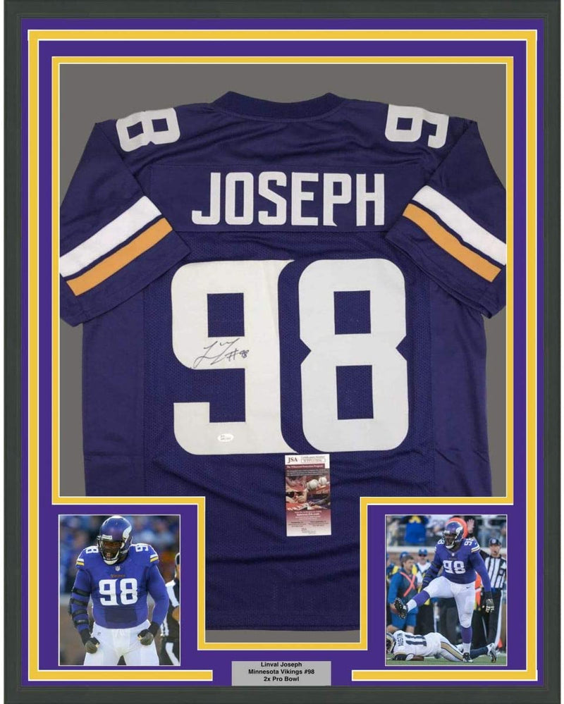 Framed Autographed/Signed Linval Joseph 35x39 Minnesota Purple Football Jersey JSA COA