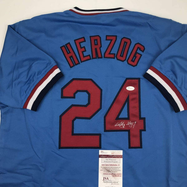 Autographed/Signed Whitey Herzog St. Louis Blue Baseball Jersey JSA COA