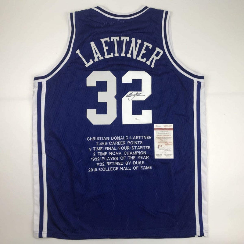 Autographed/Signed Christian Laettner Duke Blue Stat The Shot College Basketball Jersey JSA COA