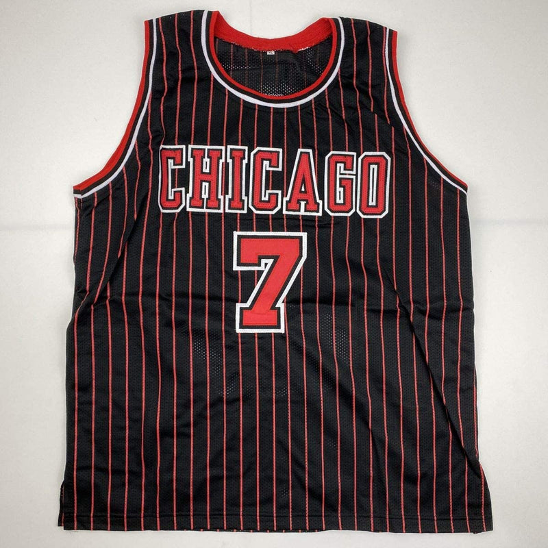 Autographed/Signed Toni Kukoc Chicago Black Pinstripe Stat Basketball Jersey Beckett BAS COA