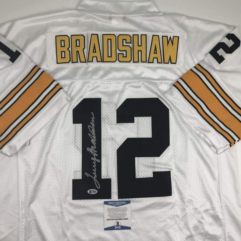 Autographed/Signed Terry Bradshaw Pittsburgh White Football Jersey Beckett BAS COA