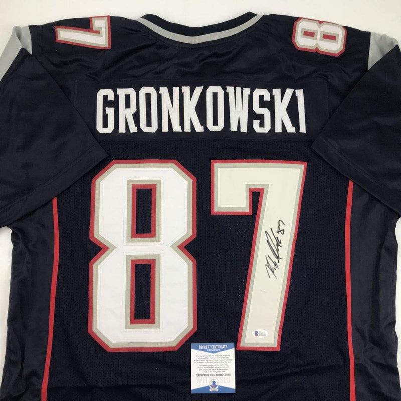 Autographed/Signed Rob Gronkowski New England Blue Football Jersey Beckett BAS COA