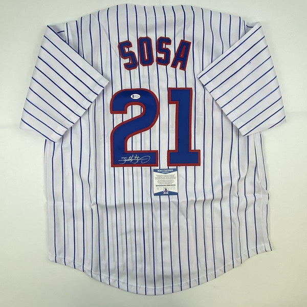 Autographed/Signed Sammy Sosa Chicago Pinstripe Baseball Jersey Beckett BAS COA