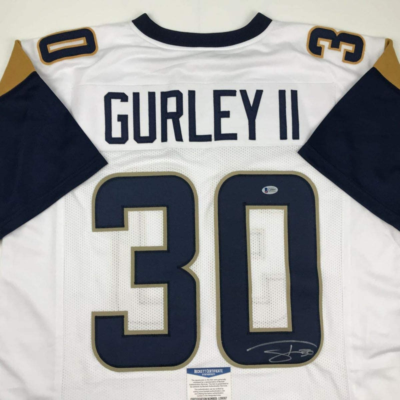 Autographed/Signed Todd Gurley II Los Angeles LA White Football Jersey Beckett BAS COA
