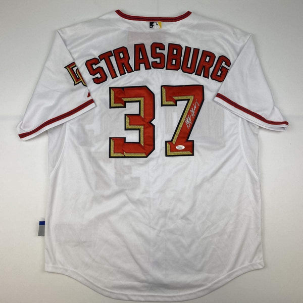Autographed/Signed Stephen Strasburg Washington White Baseball Jersey JSA COA Holo Only